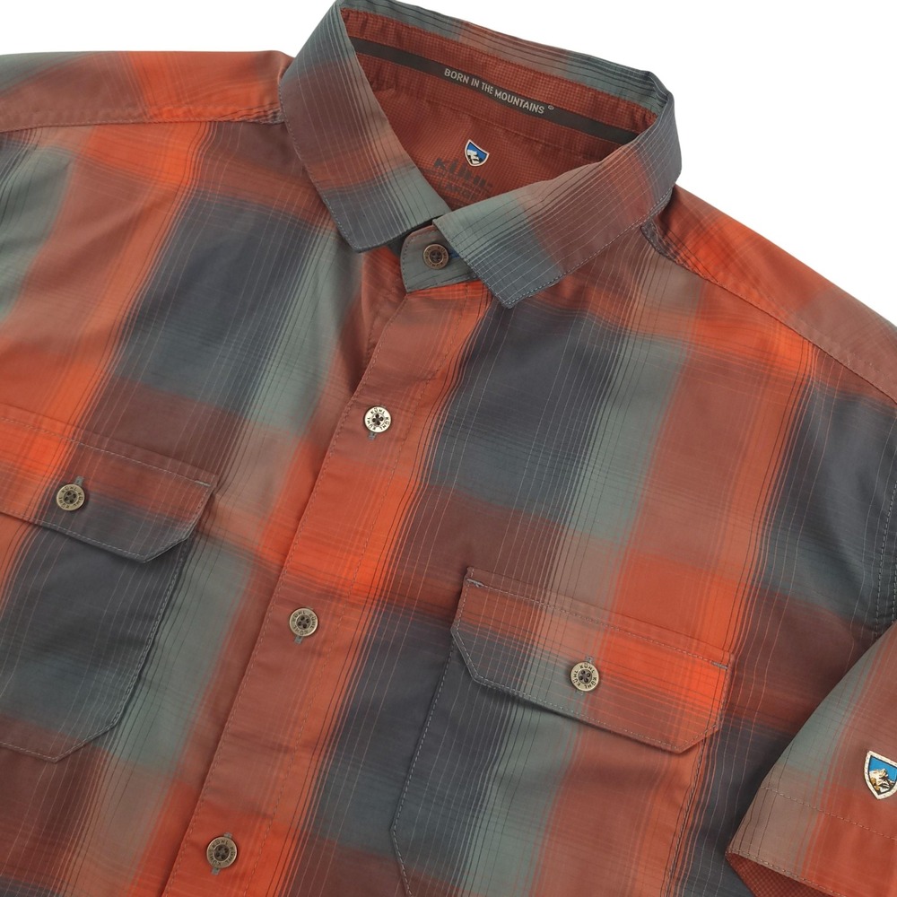 Kuhl Response Shirt Mens L Orange Plaid Short Sleeve Button Up Lightweight